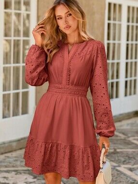 Simplee Womens Eyelet Long Sleeve Mini Embroidery Boho Dress, Wine Red